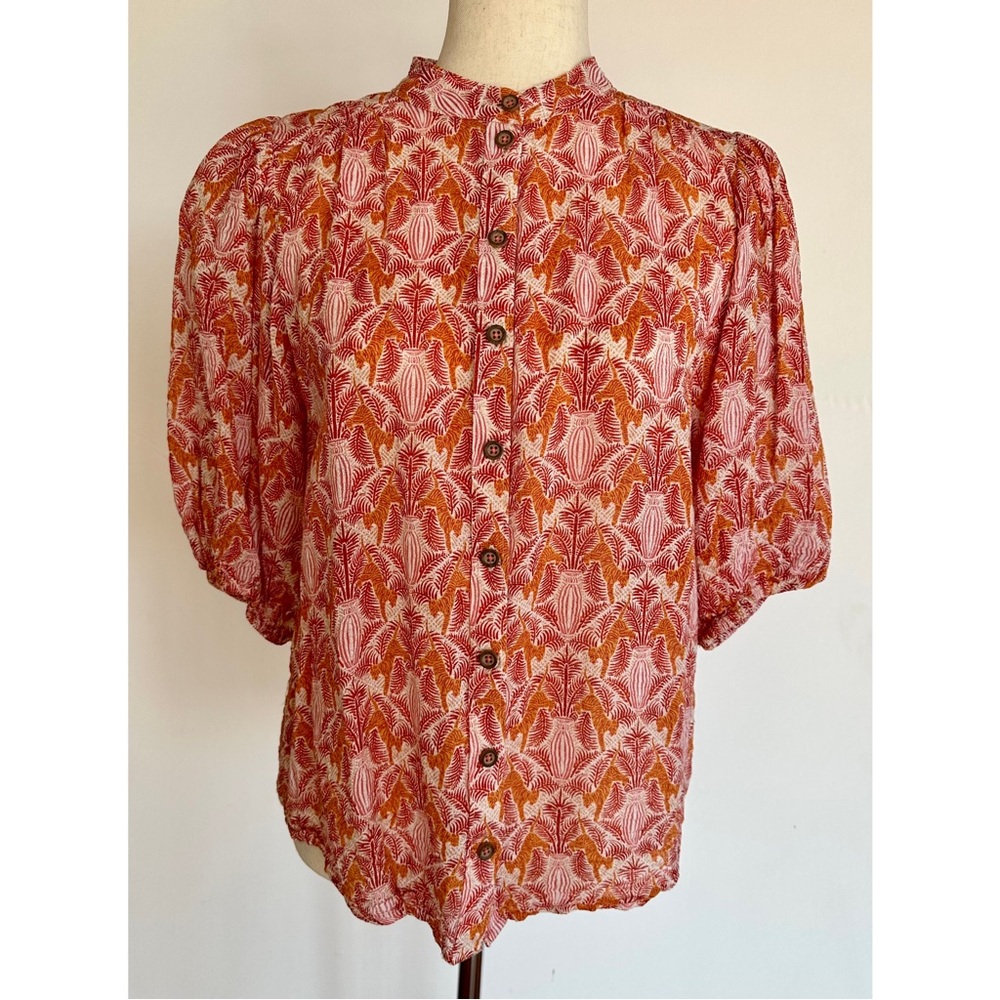 Anthropologie Maeve Tiger Print 3/4 Sleeve Blouse Mandarin Collar Size 6P